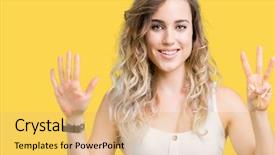  Presentation with beautiful midnight sun over - Slide deck having 8 points - young beautiful blonde woman background and a  colored foreground