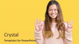  Presentation with eight - Presentation design having 8 points - young beautiful brunette woman wearing background and a yellow colored foreground