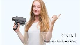  Presentation with video - Colorful PPT layouts enhanced with 8 sides - blonde woman teenager filming holding backdrop and a cool aqua colored foreground