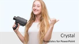  Presentation with video - Beautiful PPT theme featuring 8 sides - blonde woman teenager filming holding backdrop and a coral colored foreground