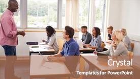  Presentation with students walking to class - Cool new PPT theme with 8 sides - male tutor teaching class backdrop and a coral colored foreground
