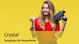  Presentation with vintage - Slide set with 8 sides - young beautiful blonde woman filming background and a yellow colored foreground