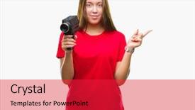  Presentation with video-background - Cool new theme with 8 sides - young beautiful caucasian woman filming backdrop and a  colored foreground