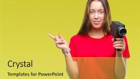  Presentation with video background - PPT layouts consisting of 8 sides - young beautiful caucasian woman filming background and a yellow colored foreground