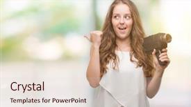  Presentation with video - Colorful slide deck enhanced with 8 sides - young blonde woman holding super backdrop and a lemonade colored foreground