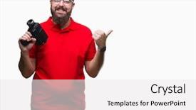  Presentation with video background - Audience pleasing slides consisting of 8 sides - young caucasian hipster man filmming backdrop and a  colored foreground