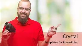  Presentation with video background - PPT theme enhanced with 8 sides - young caucasian hipster man filmming background and a  colored foreground