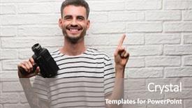  Presentation with video wall 3d - Audience pleasing PPT theme consisting of 8 sides - young man filming holding video backdrop and a gray colored foreground