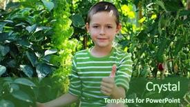  Presentation with kids garden - Beautiful slide deck featuring 8 years old boy with his vegetables in vegetable garden - kids backdrop and a forest green colored foreground