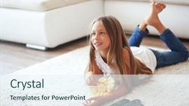  Presentation with old - Audience pleasing PPT theme consisting of tv junk food - 8 years old child watching backdrop and a coral colored foreground