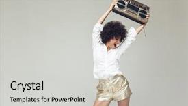  Presentation with retro television knobs isolated - PPT layouts enhanced with 80s music - young emotional screaming retro woman background and a light gray colored foreground