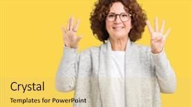  Presentation with number - Theme with 9 - beautiful middle ager senior woman background and a  colored foreground