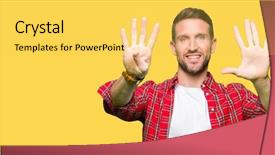  Presentation with number - Presentation design enhanced with 9 - handsome man wearing casual shirt background and a  colored foreground