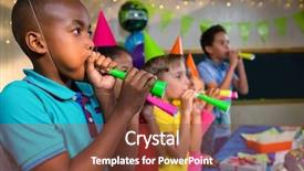  Presentation with children birthday - PPT theme featuring children blowing party horns while background and a tawny brown colored foreground