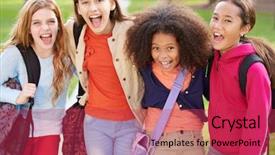  Presentation with group of girls - Presentation design with school multi cultural children - group of young girls hanging background and a red colored foreground