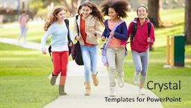  Presentation with girls running - Audience pleasing PPT theme consisting of school multi cultural children - group of young girls running backdrop and a soft green colored foreground