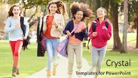  Presentation with girls running - Presentation theme with school multi cultural children - group of young girls running background and a blonde colored foreground