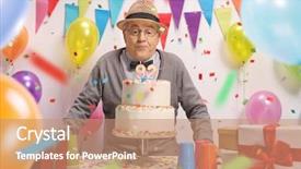  Presentation with of happy birthday candles - Audience pleasing presentation consisting of 90s - elderly man blowing candles backdrop and a coral colored foreground
