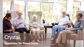  Presentation with portrait of excited overjoyed female - Colorful slide set enhanced with 90s - portrait of excited senior woman backdrop and a violet colored foreground