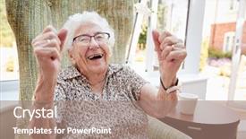  Presentation with at home senior care - PPT layouts with 90s - portrait of senior woman sitting background and a coral colored foreground