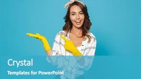  Presentation with rubber gloves - Amazing PPT theme having protective - joyful young woman 20s holding backdrop and a teal colored foreground