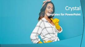  Presentation with rubber gloves - PPT theme consisting of protective - photo of adorable housewife 20s background and a teal colored foreground
