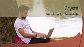  Presentation with tree river - Beautiful theme featuring water communication - young freelancer using a laptop backdrop and a coral colored foreground