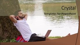  Presentation with tree river - PPT layouts with water communication - young freelancer using a laptop background and a coral colored foreground