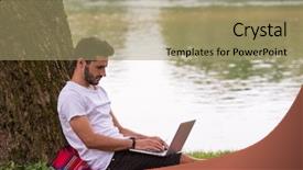  Presentation with tree river - Theme having water communication - young freelancer using a laptop background and a coral colored foreground