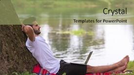  Presentation with tree river - Cool new theme with water communication - young freelancer using a laptop backdrop and a  colored foreground