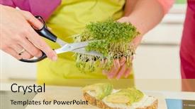  Presentation with sprout - Beautiful presentation featuring counter - close-up of woman cutting fresh backdrop and a yellow colored foreground