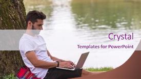  Presentation with tree river - PPT theme having water communication - young freelancer using a laptop background and a sky blue colored foreground