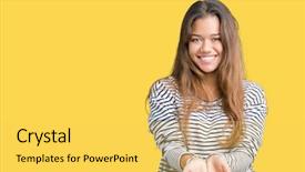  Presentation with giving - Slides having protective - young beautiful brunette woman wearing background and a yellow colored foreground