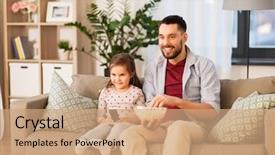  Presentation with family - Beautiful presentation theme featuring tv junk food - family fatherhood and people concept backdrop and a coral colored foreground