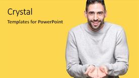  Presentation with giving - Slide deck having protective - young handsome man wearing sweatshirt background and a  colored foreground