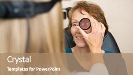  Presentation with binocular - Cool new PPT layouts with examining senior woman's eye backdrop and a coral colored foreground