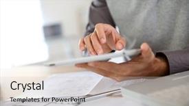  Presentation with close up of digital multimeter - Slide deck with man's hand using digital background and a  colored foreground