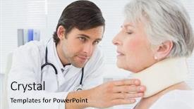  Presentation with metabolic syndrome doctor examining - Presentation design featuring senior patient's neck background and a sky blue colored foreground