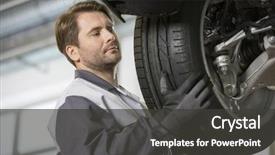  Presentation with change a flat car tire - Cool new PPT theme with technician adjusting car's tire backdrop and a dark gray colored foreground
