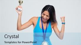  Presentation with celebrate office success - PPT theme consisting of weight - cheerful sports woman celebrating his background and a  colored foreground