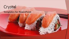  Presentation with white plate - Audience pleasing slide set consisting of time - onigiri inside out sashimi shushi backdrop and a coral colored foreground