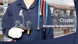  Presentation with water tap - Colorful PPT theme enhanced with work - plumber hands with water tap backdrop and a  colored foreground