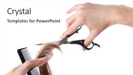  Presentation with brown - Colorful theme enhanced with hairdresser's hands with scissors backdrop and a white colored foreground