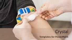  Presentation with blood test - Audience pleasing PPT theme consisting of patient's hand after blood backdrop and a coral colored foreground