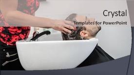  Presentation with hair salon scissors in black - PPT layouts enhanced with customer's hair at salon background and a light gray colored foreground