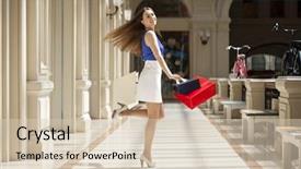  Presentation with woman pushing shopping trolley - PPT theme featuring gift goes - young beautiful brunette woman background and a  colored foreground