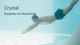  Presentation with pool side - Audience pleasing slides consisting of water - side view of shirtless man backdrop and a sky blue colored foreground