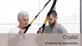  Presentation with supervision - PPT theme having weight - rehabilitation concept mature man doing background and a light gray colored foreground