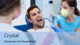  Presentation with 3d man sitting question mark - Presentation design with dentist's chair having dental background and a light blue colored foreground