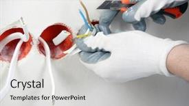  Presentation with outlet - PPT theme consisting of electrician's hands stripping electrical background and a light gray colored foreground